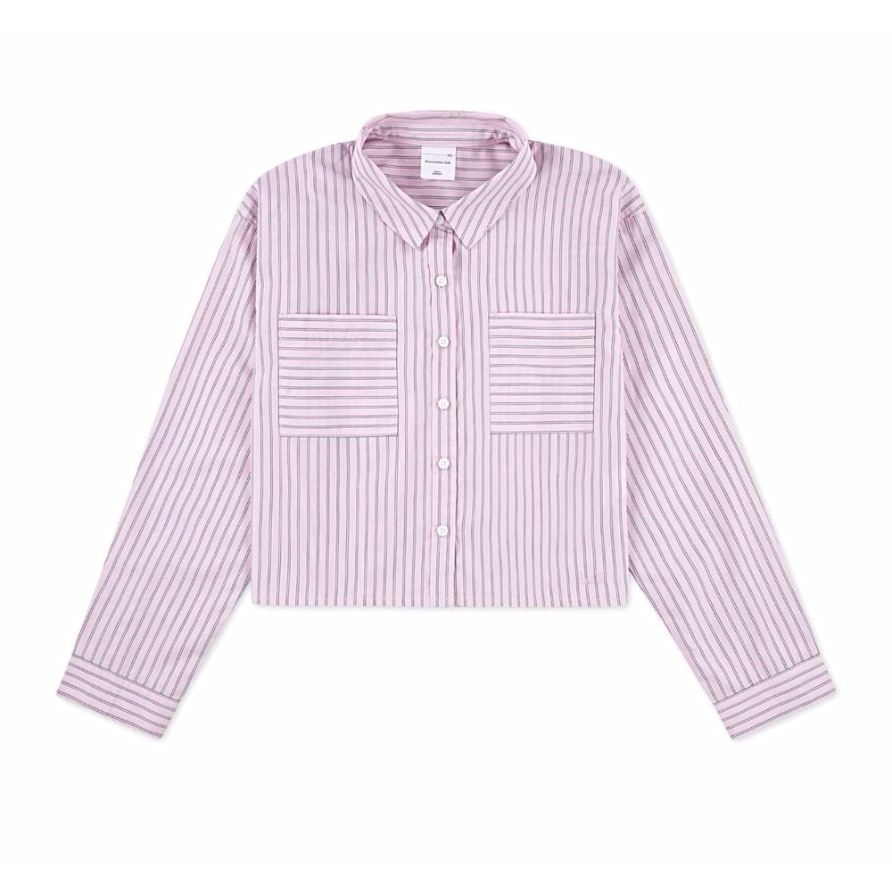 NEW Abercrombie Kids Girls Pink Striped Button-Up Collared Shirt Pockets 13/14